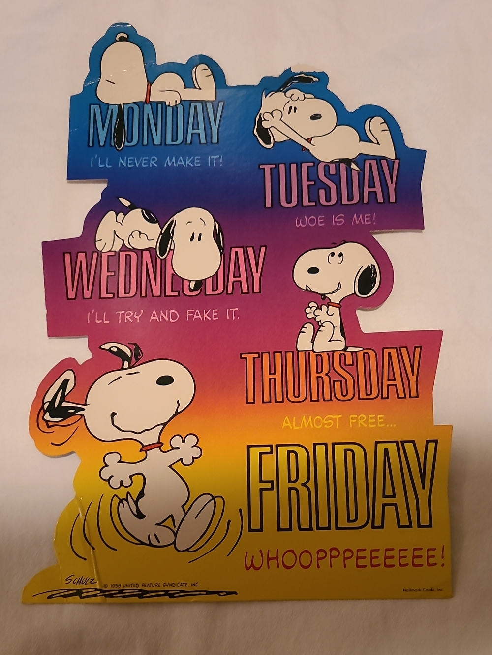Vintage 1958 Snoopy Hallmark Peanuts Days of The Week Die Cut Wall Decoration